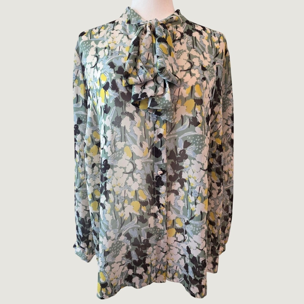 Eloquii Blouse Floral Tie Neck Sage Green Bow Button Down Business Interview